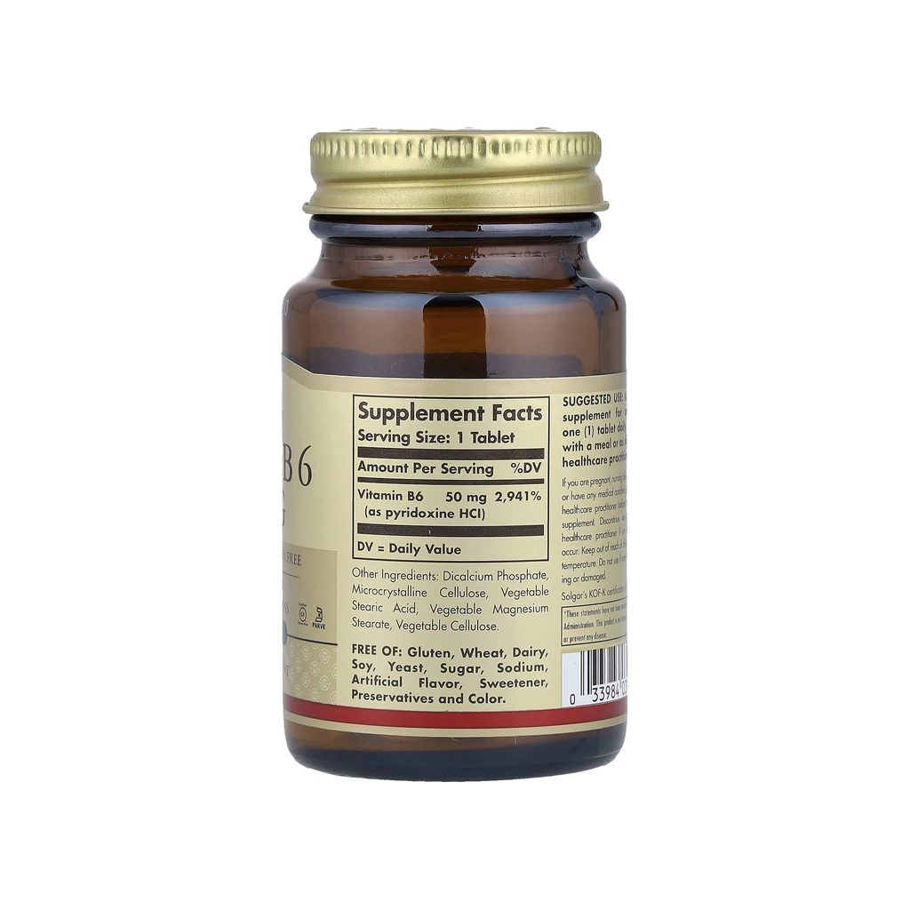 Solgar Vitamin B6 50 mg Tablets supplement facts panel listing ingredients, dosage, and serving size
