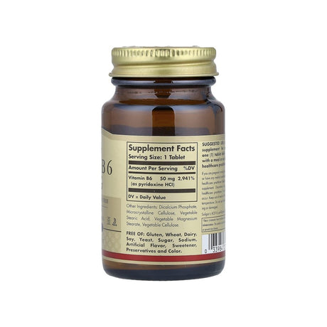 Solgar Vitamin B6 50 mg Tablets supplement facts panel listing ingredients, dosage, and serving size