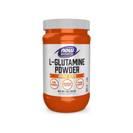 NOW Foods L-Glutamine Powder 1 lb front tub with orange and white sports nutrition label
