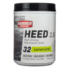 Hammer Nutrition HEED 2.0 Lemon Lime powdered drink mix tub, white label with black lid, 32 servings
