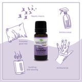 A lavender essential oil bottle with illustrations around it highlighting benefits like promoting good rest, repelling insects, antimicrobial and antibacterial properties, and a soothing effect.