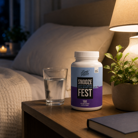 Lively Vitamin Co Snooze Fest sleep support supplement bottle on a bedside table next to a glass of water, plant, and lamp in a cozy nighttime bedroom setting.