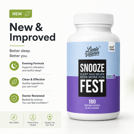 Lively Vitamin Co Snooze Fest sleep support supplement bottle with new and improved formula badge on a clean white background.