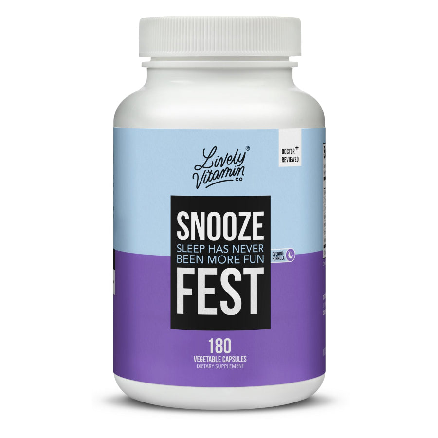 Lively Vitamin Co Snooze Fest sleep support dietary supplement bottle with evening formula for relaxation and restful sleep, 180 vegetable capsules.