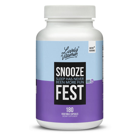 Lively Vitamin Co Snooze Fest sleep support dietary supplement bottle with evening formula for relaxation and restful sleep, 180 vegetable capsules.