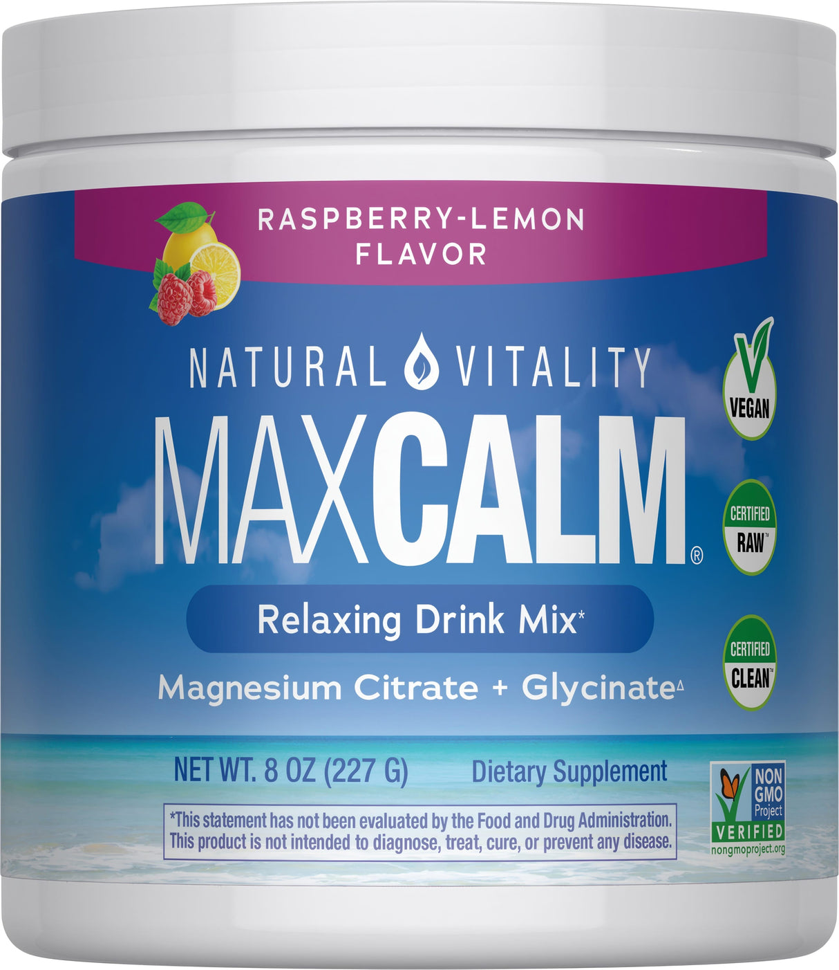 Natural Vitality MAXCALM Powder — MAXCALM Raspberry Lemon 8 oz jar, new packaging