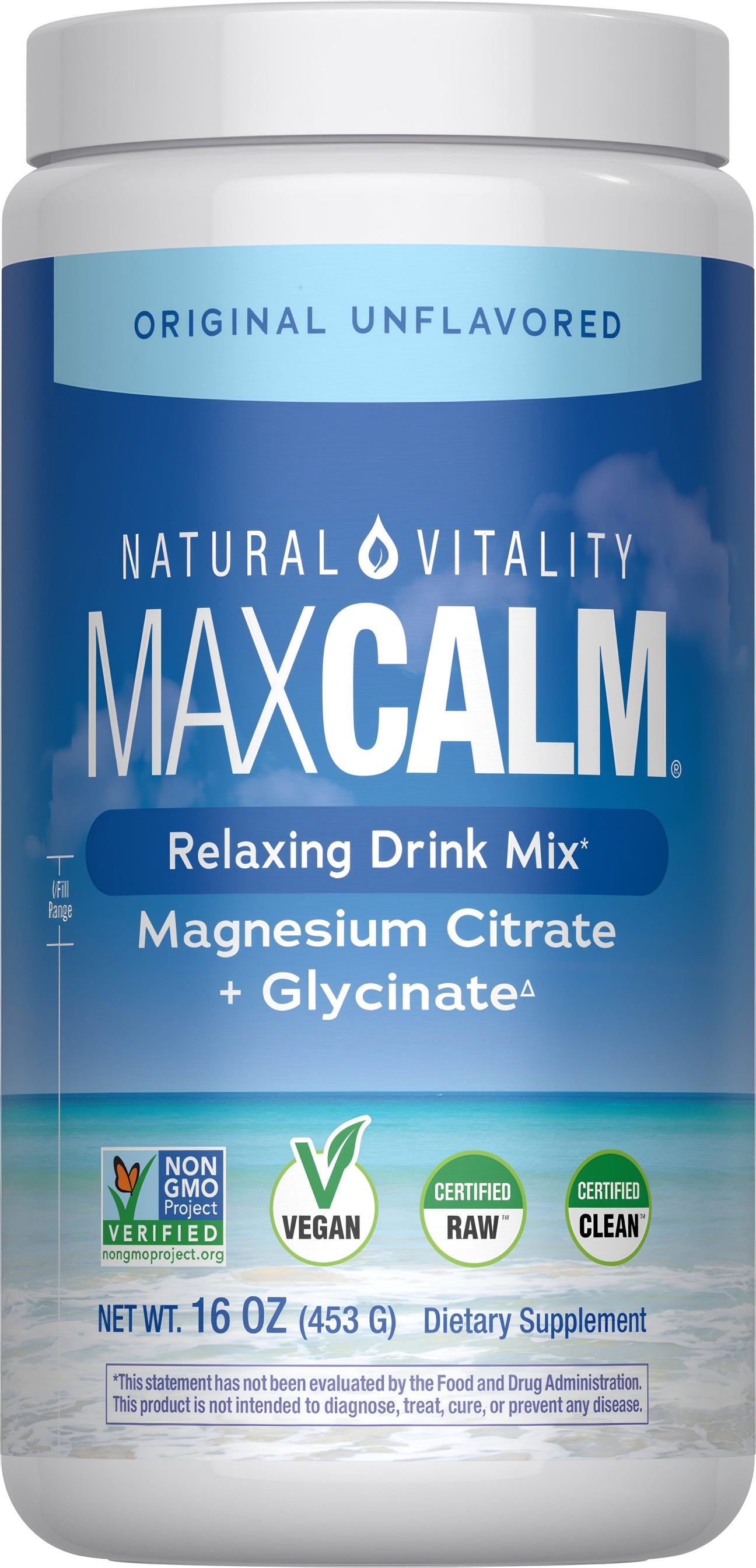 Natural Vitality MAXCALM Powder — MAXCALM Unflavored 16 oz jar, new packaging