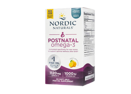 Nordic Naturals Postnatal Omega-3 softgels packaging, with a purple and white box design. It emphasizes support for new mothers, featuring omega-3s and vitamin D3 with a lemon flavor.