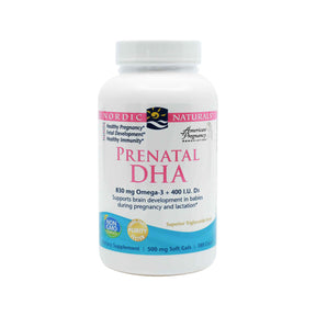 Nordic Naturals Prenatal DHA unflavored 180 softgels white bottle with pink and blue label and white cap