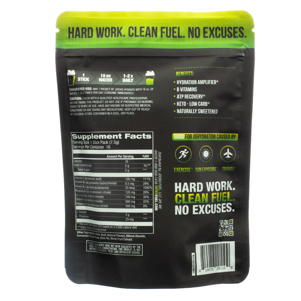 The back of Jocko Hydrate Sticks Lemon Lime 16 Packets pouch displays supplement facts, suggested use, and benefits like hydration amplification, B vitamins, and ATP recovery. The package highlights keto-friendly, low-carb, and naturally sweetened attributes.