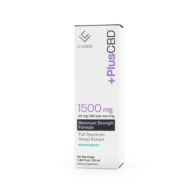 PlusCBD Maximum Strength Formula full-spectrum hemp extract in peppermint flavor, with 1500 mg CBD per bottle. The product includes 60 servings, each delivering 25 mg CBD.