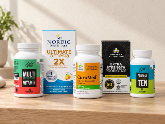 The Foundational Five: Lively multivitamin, Nordic Naturals Ultimate Omega 2X, Terry Naturally CuraMed, Ancient Nutrition probiotics and Lively Perfect Ten