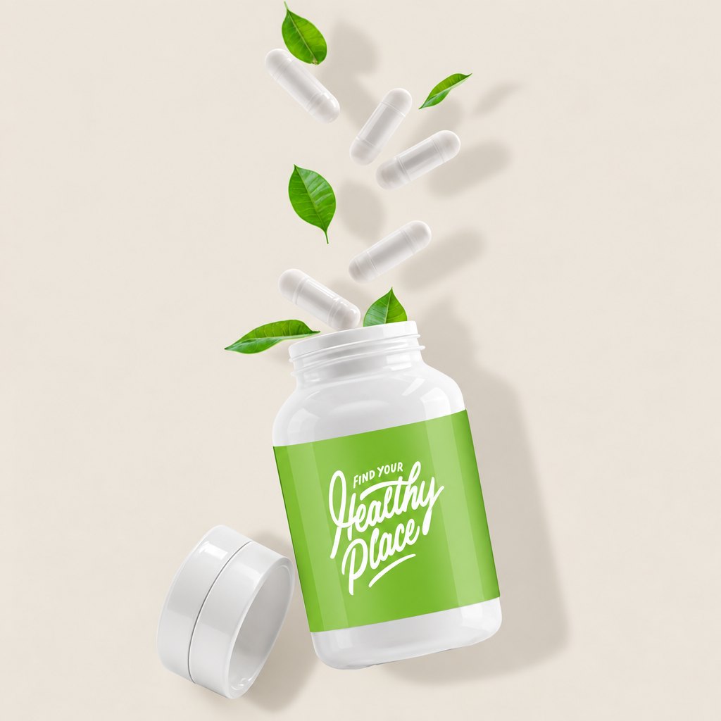An open supplement bottle with a Find Your Healthy Place label and capsules spilling out