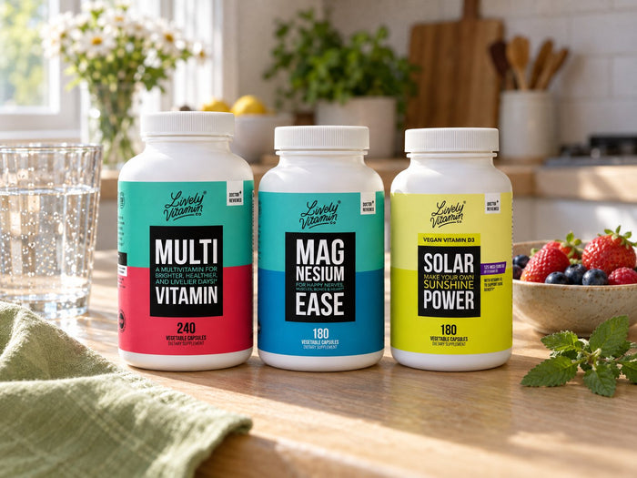 Lively Vitamin Co. Multivitamin, Magnesium Ease and Solar Power vitamin D bottles on a kitchen counter