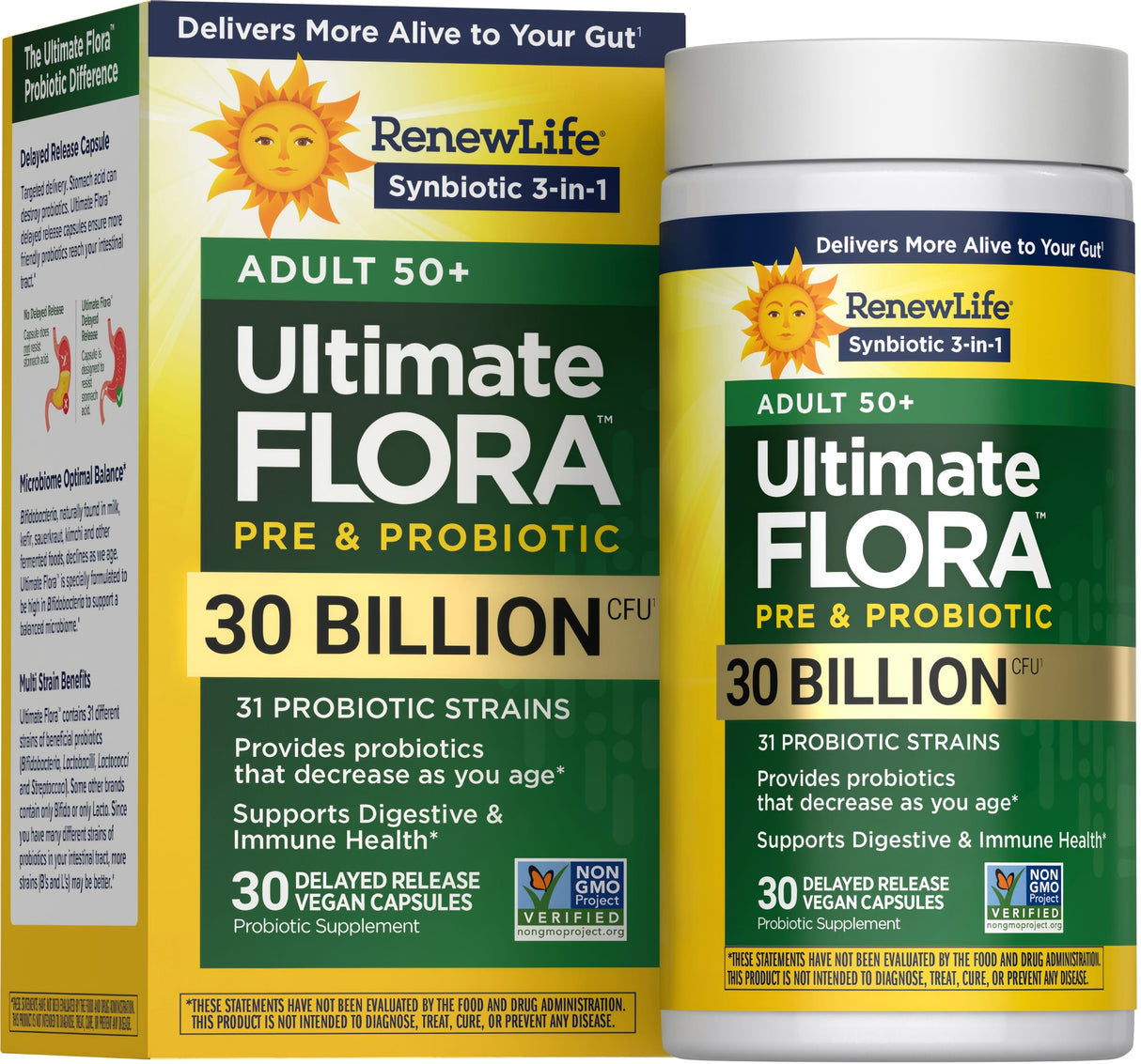 Renew Life Ultimate Flora 50+ Probiotic Capsules 30 Billion CFU — 30 delayed release vegan capsules box, new look