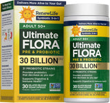 Renew Life Ultimate Flora 50+ Probiotic Capsules 30 Billion CFU — 30 delayed release vegan capsules box, new look