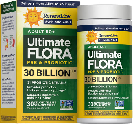 Renew Life Ultimate Flora 50+ Probiotic Capsules 30 Billion CFU — 30 delayed release vegan capsules box, new look
