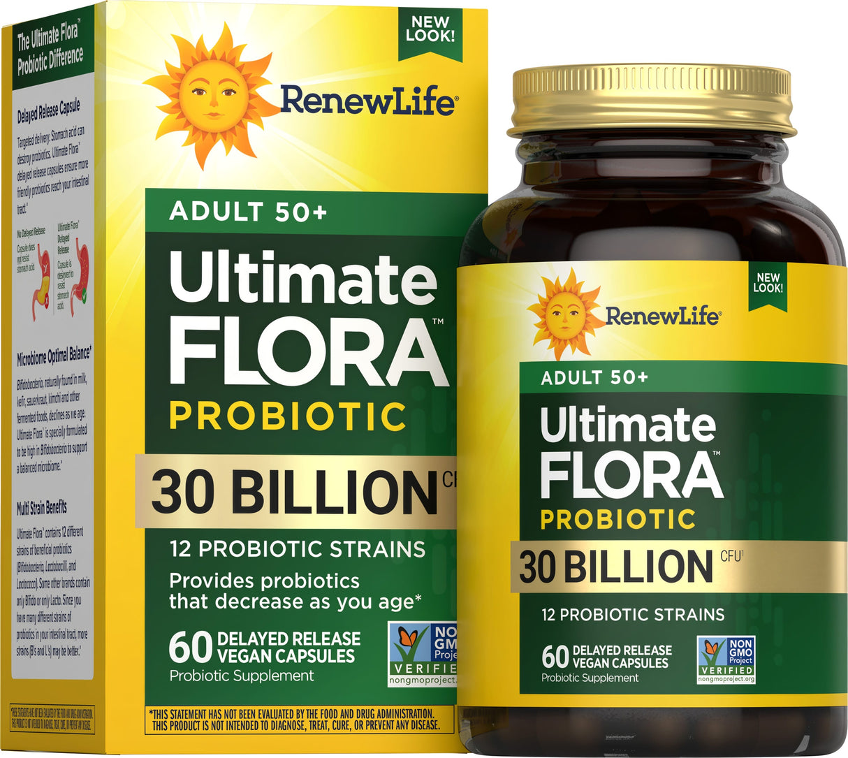 Renew Life Ultimate Flora 50+ Probiotic Capsules 30 Billion CFU — 60 delayed release vegan capsules box, new look