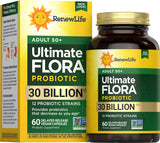 Renew Life Ultimate Flora 50+ Probiotic Capsules 30 Billion CFU — 60 delayed release vegan capsules box, new look