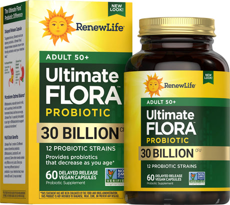 Renew Life Ultimate Flora 50+ Probiotic Capsules 30 Billion CFU — 60 delayed release vegan capsules box, new look