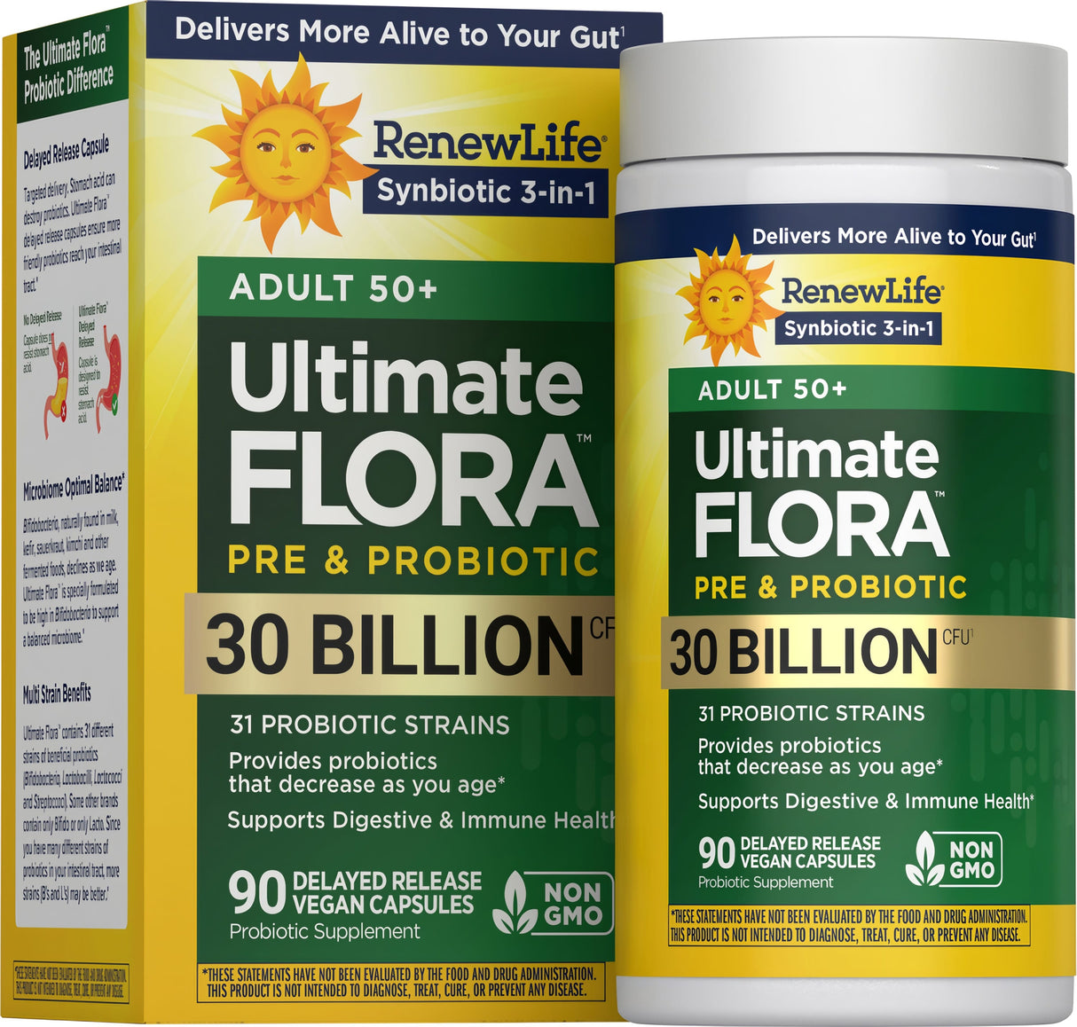 Renew Life Ultimate Flora 50+ Probiotic Capsules 30 Billion CFU — 90 delayed release vegan capsules box, new look