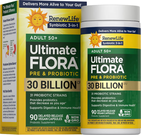 Renew Life Ultimate Flora 50+ Probiotic Capsules 30 Billion CFU — 90 delayed release vegan capsules box, new look