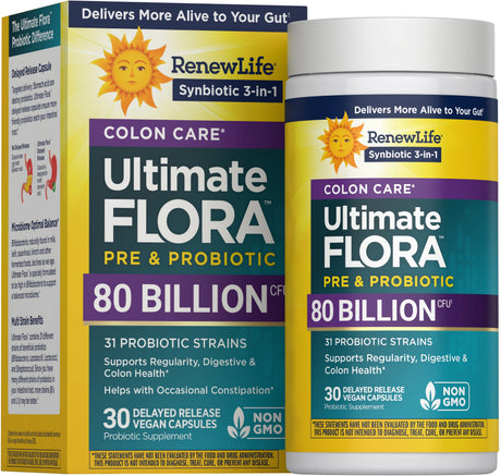 Renew Life Ultimate Flora Colon Care Probiotic Capsules 80 Billion CFU — 30 delayed release vegan capsules, Synbiotic 3-in-1 box