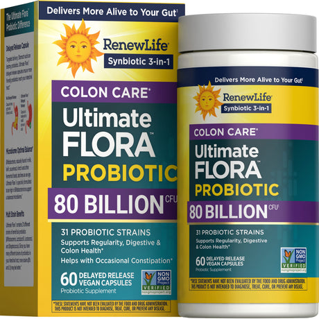 Renew Life Ultimate Flora Colon Care Probiotic Capsules 80 Billion CFU — 60 delayed release vegan capsules, Synbiotic 3-in-1 box and bottle