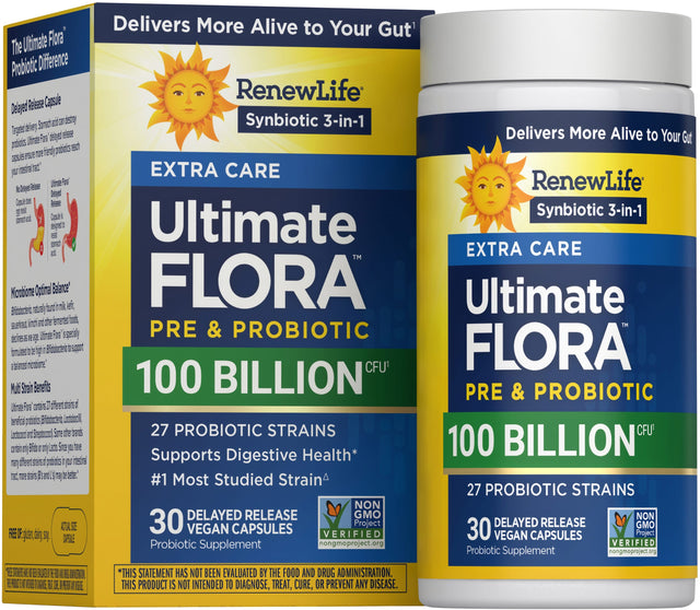 Renew Life Ultimate Flora Extra Care Probiotic Capsules 100 Billion CFU — 30 delayed release vegan capsules box, current packaging