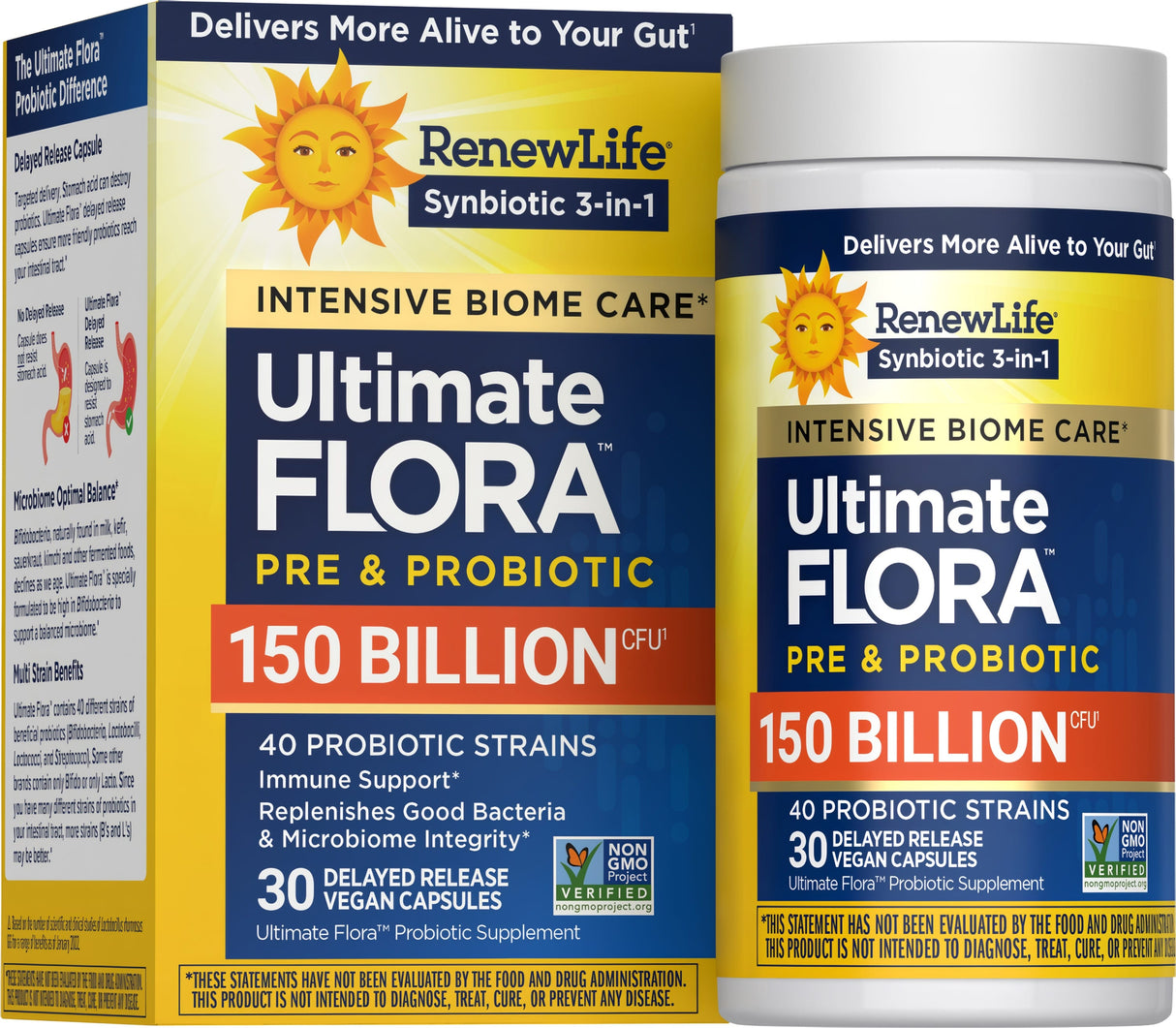 Renew Life Ultimate Flora Extra Care Probiotic 150 Billion Capsules — 30 delayed release vegan capsules box, current packaging