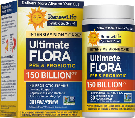 Renew Life Ultimate Flora Extra Care Probiotic 150 Billion Capsules — 30 delayed release vegan capsules box, current packaging