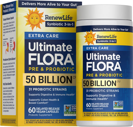 Renew Life Ultimate Flora Extra Care Probiotic Capsules 50 Billion CFU — 60 delayed release vegan capsules, Pre & Probiotic Synbiotic 3-in-1 box