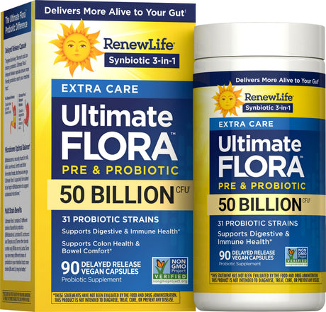 Renew Life Ultimate Flora Extra Care Probiotic Capsules 50 Billion CFU — 90 delayed release vegan capsules box, current packaging