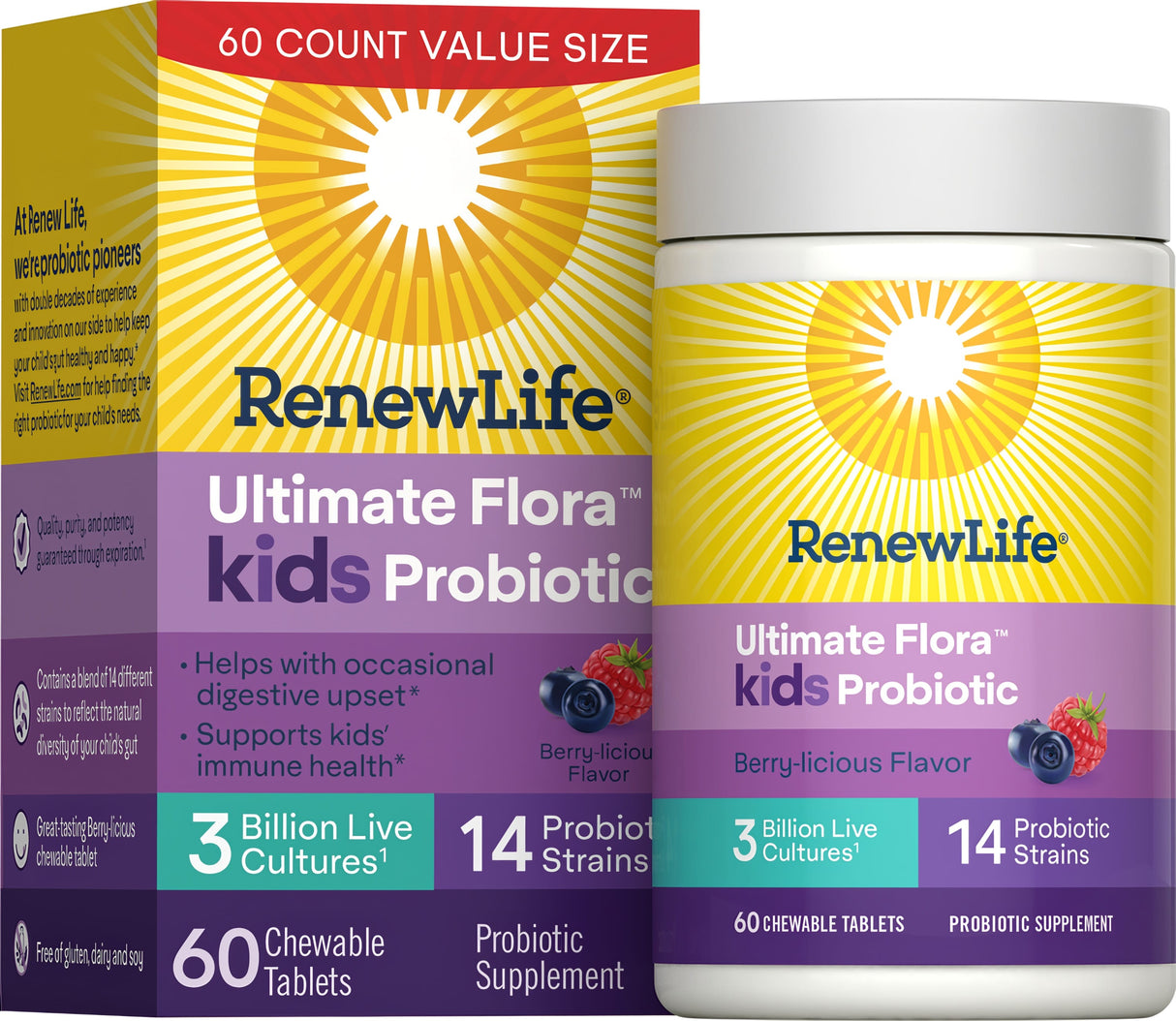 Renew Life Ultimate Flora Kids Probiotic 3 Billion Berry-Licious Chewable Tablets — 60 Berry-licious chewable tablets box, current packaging
