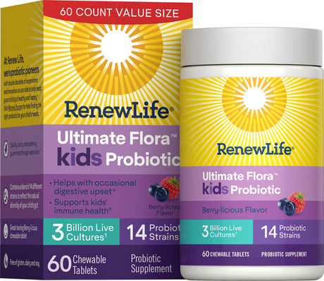 Renew Life Ultimate Flora Kids Probiotic 3 Billion Berry-Licious Chewable Tablets — 60 Berry-licious chewable tablets box, current packaging