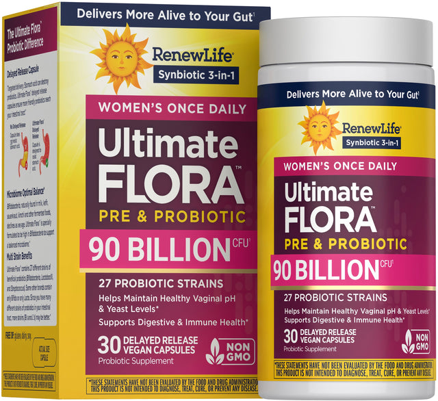 Renew Life Ultimate Flora Women's Complete Probiotic 90 Billion — 30 delayed release vegan capsules box, new look