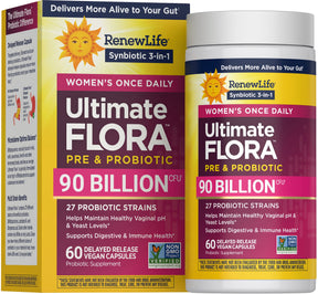 Renew Life Ultimate Flora Women's Complete Probiotic 90 Billion — 60 delayed release vegan capsules box, new look