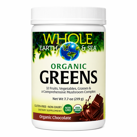 Whole Earth & Sea Organic Greens powder supplement in organic chocolate flavor, 7.7 oz (219 g) container with fruits, vegetables, grasses, and mushroom complex