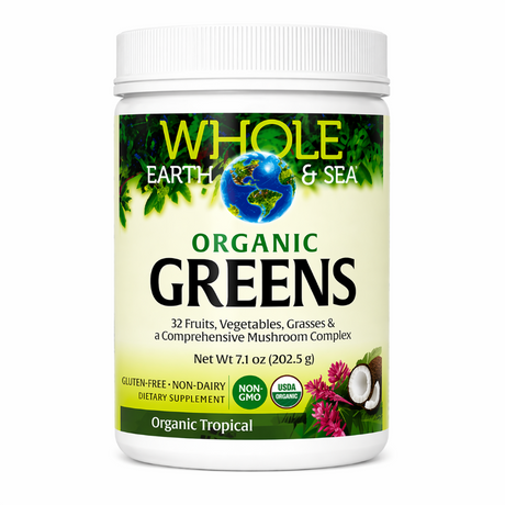 Whole Earth & Sea Organic Greens powder supplement in organic tropical flavor, 7.1 oz (202.5 g) container with fruits, vegetables, grasses, and mushroom complex