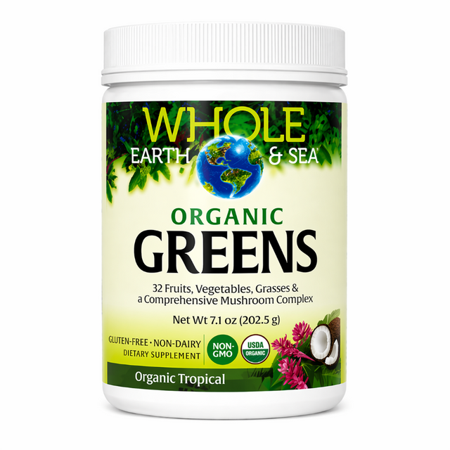 Whole Earth & Sea Organic Greens powder supplement in organic tropical flavor, 7.1 oz (202.5 g) container with fruits, vegetables, grasses, and mushroom complex